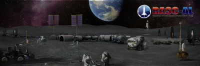 graphic of habitats, rovers and astronauts on lunar surface
