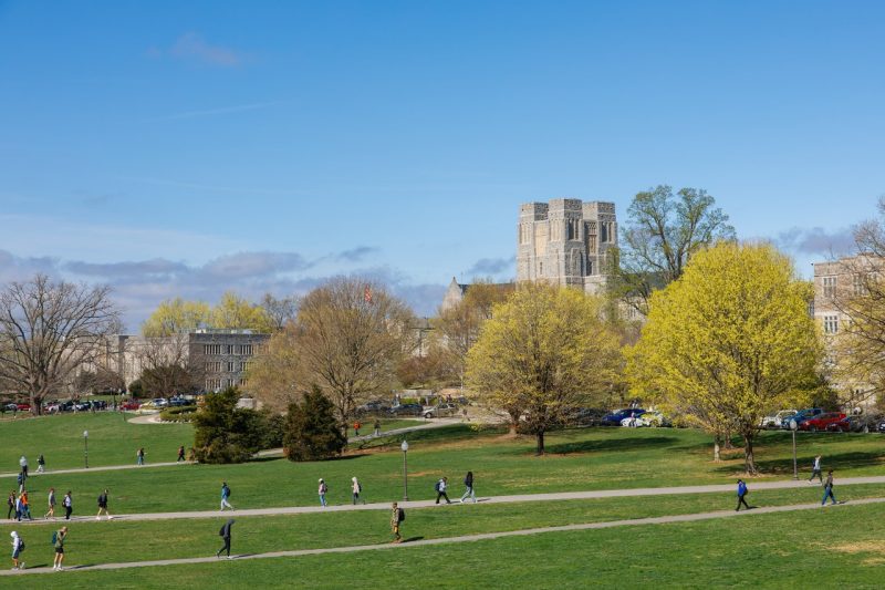 Students walk across the green grass of the Drillfield on Virginia Tech's Blacksburg campus