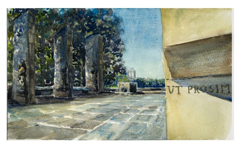 Watercolor sketch of a close up of the pylon inscribed with Ut Proim at the War Memorial Pylons