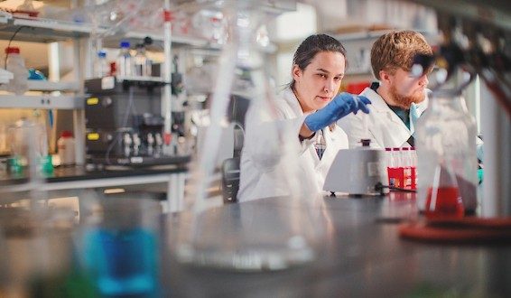 Researchers in the lab with test tubes, beakers and equipment.