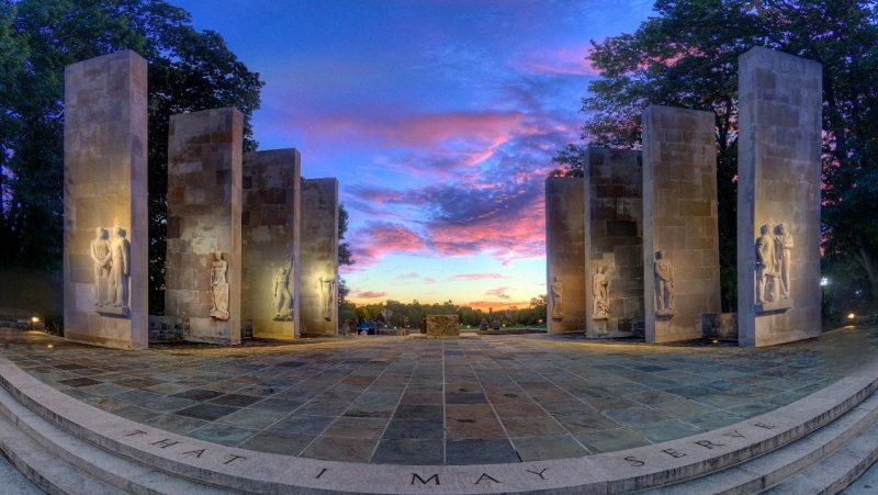 The Pylons, Campus Scenic, That I May Serve, sunset, dusk